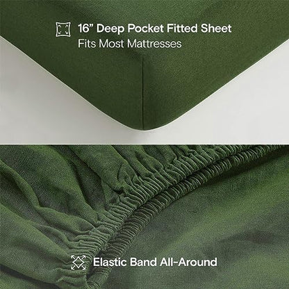 Sijo Stone Washed Organic French Linen Bed Sheet Set, GOTS Certified Organic, Best Cooling Linen Sheet Award by Sleep Foundation, 3 Piece - 2 Pillowcases and 1 Fitted Sheet (Forest, Cal King)