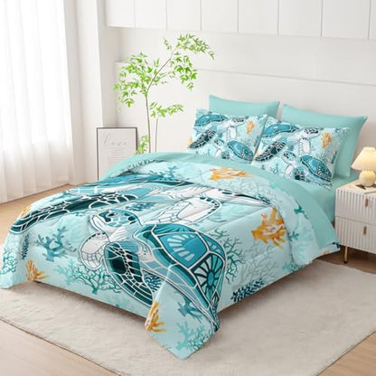 HOSIMA 7Pcs Sea Turtle Comforter Set Ocean Themed Bedding Queen for Kids.