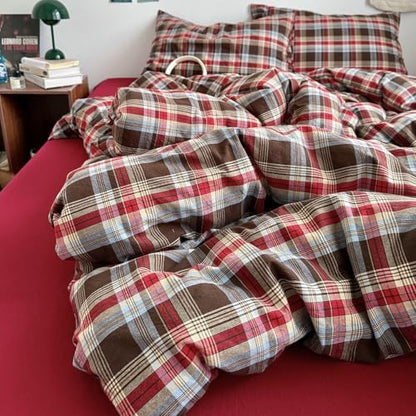 LifeTB Vintage Buffalo Plaid Comforter Set Twin XL, 3 Pieces Red Brown Grid Checkered Comforter with 2 Pillowcases, Breathable Soft Farmhouse Grid Pattern Printed Plaid Gingham Bedding Comforter Set