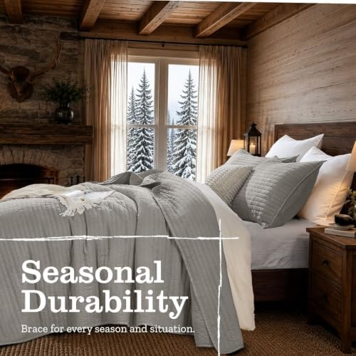 DOWN HOME King Quilt Bedding Set with Shams, Vintage Washed Soft Quilted Blanket Thin Comforter Lightweight Bedspread Coverlet Bed Cover, Brushed Microfiber Stripe Stitching, Light Gray, 104"x90"