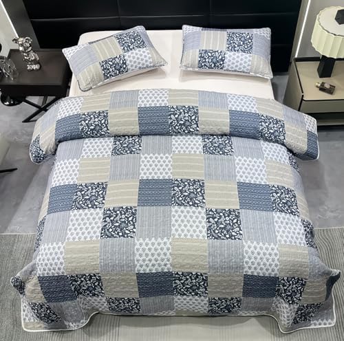 Cozyholy Navy Blue Gray Oversized King Quilt Set 128x120, 3 Piece Quilted Bedspread Set Patchwork Plaid Bedding Comforter Set Reversible Lightweight Microfiber Bed Spread Coverlet Set for All Seasons