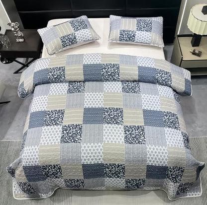 Cozyholy Navy Blue Gray Oversized King Quilt Set 128x120, 3 Piece Quilted Bedspread Set Patchwork Plaid Bedding Comforter Set Reversible Lightweight Microfiber Bed Spread Coverlet Set for All Seasons