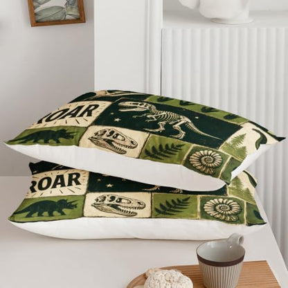 BSNTHO Dinosaurs Queen Size, Comforter Set Green Print Kids Comforter 3Pcs