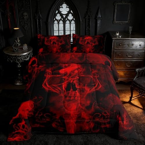 Gothic Skull Bedding Set Red and Black Skeleton Comforter Set Full For Kids Boys Teen Men,Psychedelic Goth Skull Quilted Duvet Trippy Smoke Halloween Horror Down Comforter Bedroom Decor 2 Pillowcases