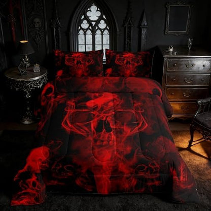 Gothic Skull Bedding Set Red and Black Skeleton Comforter Set Full For Kids Boys Teen Men,Psychedelic Goth Skull Quilted Duvet Trippy Smoke Halloween Horror Down Comforter Bedroom Decor 2 Pillowcases