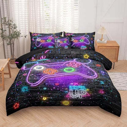 NINENINE Gaming Bedding Sets for Boys,6PCS Twin Bedding Sets for Boys,Gaming Comforter Sets for Kids Bedding Comforter Sheet Set(1Comforter,1Flat Sheet,1Fitted Sheet,1Cushion Cover,2Pillowcases)