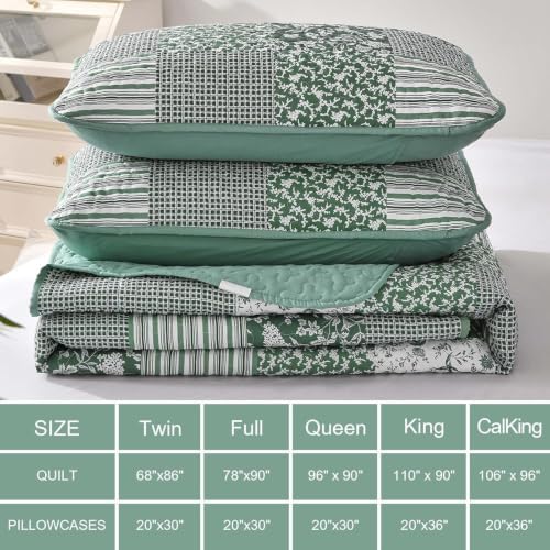 Mybedsoul Boho Quilt King Size, Patchwork Floral Bedding Set, Green