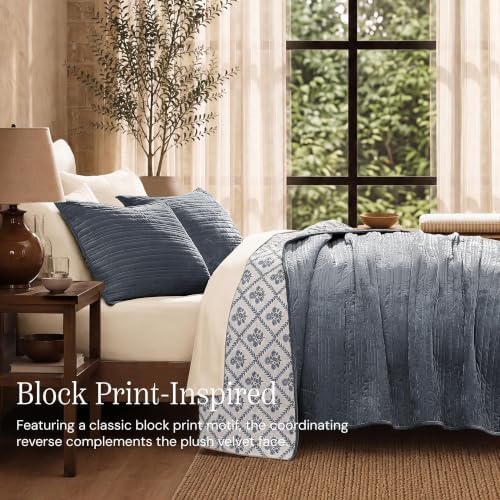 BLOOMHAVEN Blue Velvet Quilt Queen Size-Reversible Queen Quilt Bedding Set