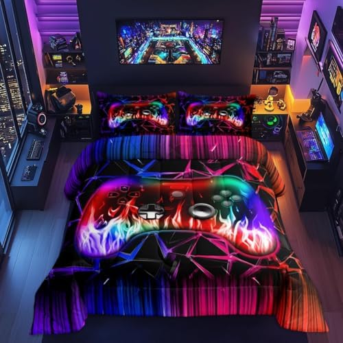 Castle Fairy Modern Honeycomb King Size Comforter/Duvet Set,Boys Gamepad Ultra Soft Bed Collection,Video Games Gamer Bedding for Room Decor 3 Pcs,Microfiber Breathable