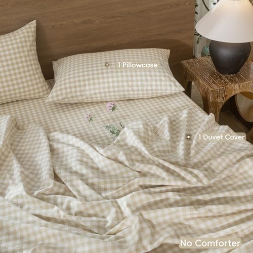 MooMee Gingham Duvet Cover Set 100% Washed Cotton Linen Like