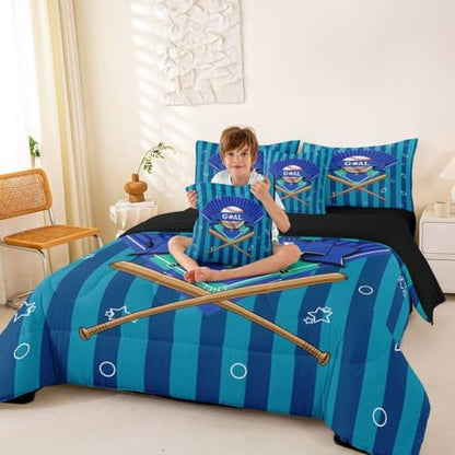 Erosebridal Navy Blue Boys Kids Ball Games Boys Baseball Full Comforter Set 7 Pieces | Sports Theme Gaming Pattern Bed in A Bag for Bedroom Stripes Bedding Set with Comforters Playground Room Decor