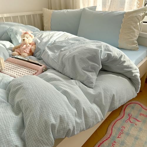 VM VOUGEMARKET Lace Duvet Cover Twin Blue Plaid Gingham Duvet Cover with 2 Romantic lace Pillowcases Soft Cozy Grid Bedding Set for College Dorm