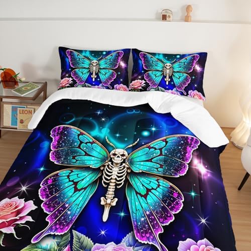 Butterfly Bedding Rustic Flower Comforter Set for Kids Girls Bedroom Decor, Gothic Skull Comforter Set Queen Size, Aesthetic Animal Theme Bedding Soft Lightweight with 2 Pillowcases