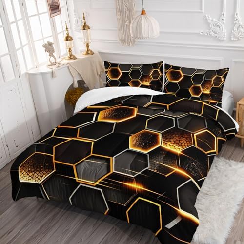 Nttopship Honeycomb Comforter Set Queen Size,100% Soft Ultra-fine Fiber Four Season Geometric Hexagon Golden Comforter Set with 1 Comforter and 2 Pillow Case
