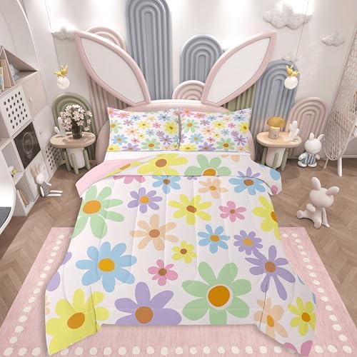 jejeloiu Cute Flower Kids Comforter Set Toddler Size Cartoon Floral Bedding Set Kawaii Duvet Quilt for Kids Boys Girls Bedroom Blossom Flowers Pattern Decor Microfiber Ultra Soft Breathable