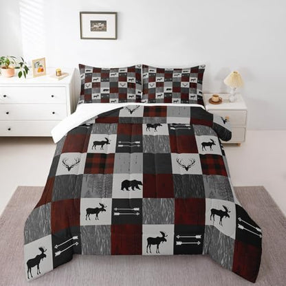 Homewish Teens Bear and Deer Comforter Set Queen Size,Gray Red Grid Bedding Set for Kids Boys Girls Bedroom Decoration,Rustic Farmhouse Bed Duvet Insert,Trees and Arrow Comforter with 2 Pillowcases
