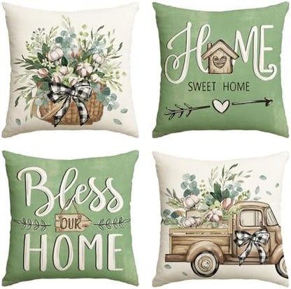 AVOIN colorlife Bless Our Home Farmhouse Eucalyptus Leaves Throw Pillow Covers, 16 x 16 Inch Green Truck Home Sweet Cushion Case Decorations Set of 4