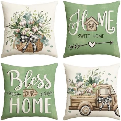 AVOIN colorlife Bless Our Home Farmhouse Eucalyptus Leaves Throw Pillow Covers, 18 x 18 Inch Truck Home Sweet Cushion Case Decorations Set of 4