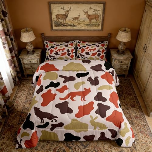 Manfei Camo Animals Comforter Set King Size,Bear Wolf Rabbit Wildlife Design Bedding Set 3pcs,Army Camouflage Down Comforter for All Season,Kids Boys Girls Room Decor,2 Pillowcases,No Sheets