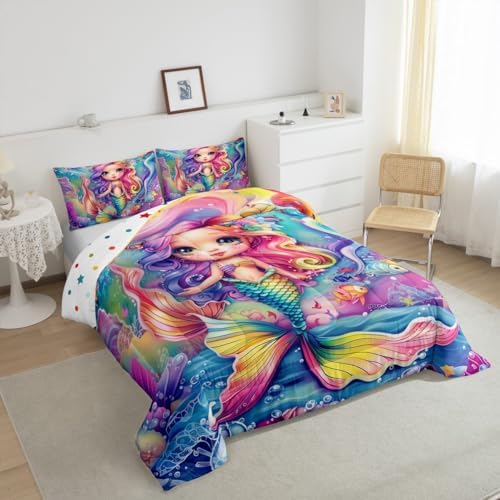 Castle Fairy Mermaid Comforter Sets King Size Cartoon Princess Rainbow Mermaid Bedding Set for Kids Girls Teens Bedroom Decor,Cute Ocean Animal Theme Duvet Quilt Watercolor Reversible Soft Comforter