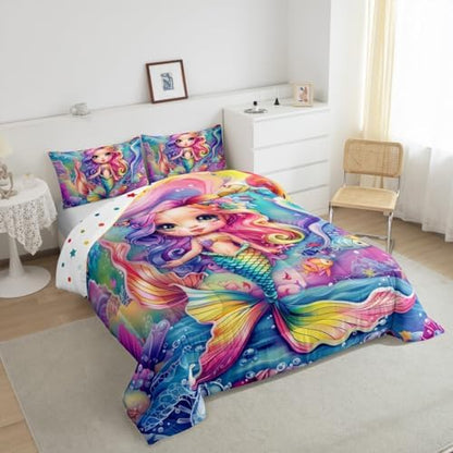Castle Fairy Mermaid Comforter Sets King Size Cartoon Princess Rainbow Mermaid Bedding Set for Kids Girls Teens Bedroom Decor,Cute Ocean Animal Theme Duvet Quilt Watercolor Reversible Soft Comforter