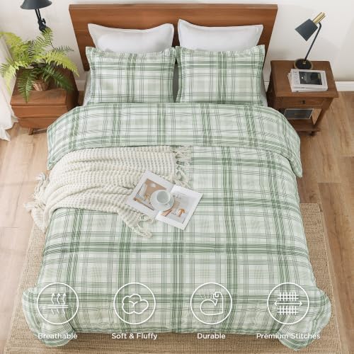 Andency Sage Plaid Comforter Set Full, Gingham Checkered Grid Bedding Set