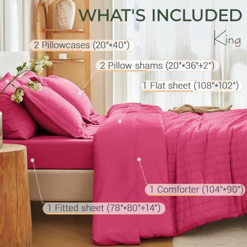 MUXHOMO 7 Pieces King Comforter Set, Seersucker Bed in a Bag King Size, All Season Luxury Bedding Set with Comforter, Flat Sheet, Fitted Sheet, Pillowcases & Shams, Hot Pink