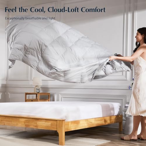 Pacific Coast Lightweight Goose Feather Down Fiber Comforters Twin Size, Summer Duvet Insert, Ultra Soft, Breathable, Hotel Luxury Bedding Comforter with 8 Tabs, Light Grey, 68 x 90 inches