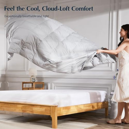 Pacific Coast Lightweight Goose Feather Down Fiber Comforters Queen Size, Summer Duvet Insert, Ultra Soft, Breathable, Hotel Luxury Bedding Comforter with 8 Tabs, Light Grey, 90 x 90 inches