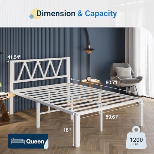 Avenco 18 Inch Queen Bed Frame with Headboard, White Metal Platform Bed Frame, Queen Size Bed Frame No Box Spring Needed, Easy Assembly, Heavy Duty Slats Support