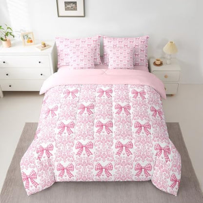 Pink Bow Tie Bed in a Bag King Size Comforter Set 7 Pieces,Bohemian Exotic Damask Bedding Set,Cute Silk Ribbon Bowknot Sheet Set Antique Victorian Bed Set,Gothic Vintage Floral Pink Bow Decor