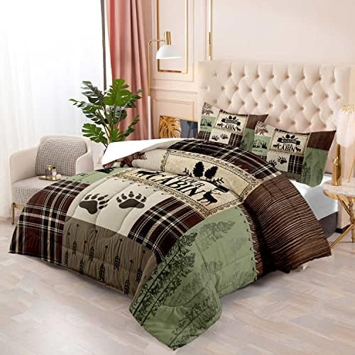 LUVIVIHOME 3PCS Rustic Cabin Comforter Set King Size, Brown Plaid Patchwork Sage Green Quilt, Bear Deer Moose Woodland Forest Animal Hunting Wildlife Lodge Country Farmhouse Bedding, 2 Pillow Shams