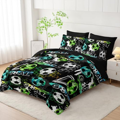 AILONEN Soccer Print Comforter Set Twin Size,7-Piece Football Sports with Blue Green White Soccer Pattern Bed in a Bag,Comforter & Fitted Sheet & Flat Sheet & 2 Pillowcases,Soft Microfiber