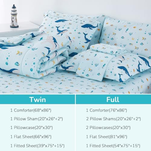 Viviland Kids Bedding Set Full Size Comforter Sets, Bed in Marine Whale Cover Set for Children
