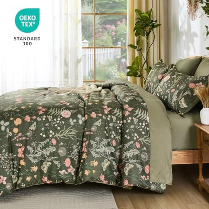 Yiran Queen Comforter Set Olive Green, Floral Bedding Set 7 Piece Bed in a Bag with Botanical Flowers Summer Soft Lightweight Complete Comforters with Sheets for All Season