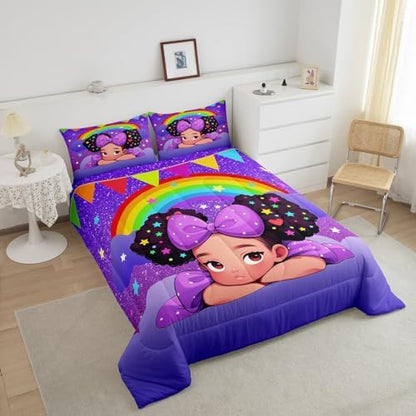 Black Princess Girl Comforter Set King Size,African Theme American Kids Teens Bedding Set Glitter Starry Sky Rainbow Purple Quilted Duvet Cute Bedroom Decor Pretty Girl Magical Bedspread,2 Pillowcases