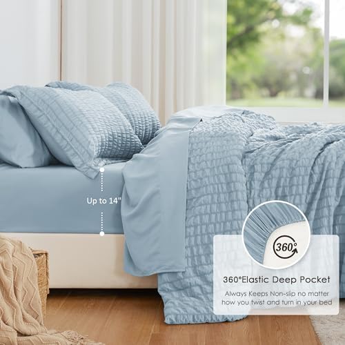Love's cabin Seersucker Light Blue Full Comforter Set