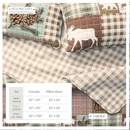 Great Bay Home Lodge Quilt Set - 3-Piece King/California King Size Rustic Bedding Set - Lightweight, All-Season, Reversible Bedspread (Hemlock Green/Brown)