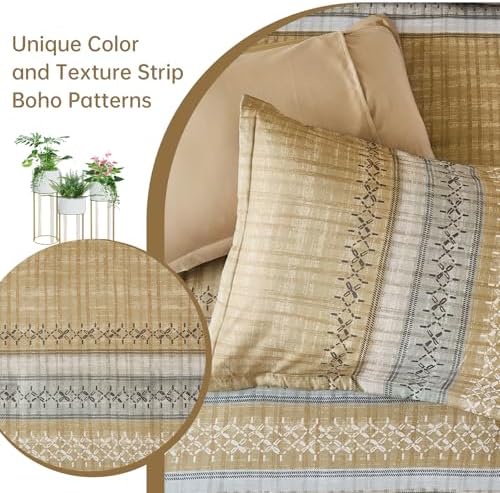 Dintszyayue Khaki King Comforter Size Set, 8 Pieces Striped Boho Texture Bed in a Bag Sets, Lightweight Soft Bohemian Comforter and Sheet Set, All Season Microfiber Bedding Sets for Men Women
