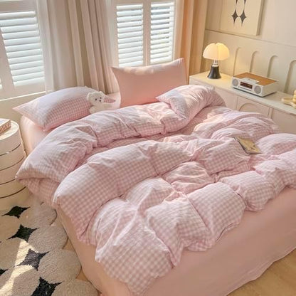 LifeTB Pink Gingham Comforter Set Queen 3 Pieces Plaid Checkered Comforter Set Aesthetic Pink Grid Comforter with 2 Pillowcases Plaid Checkered Pattern Farmhouse Gingham Bedding Set Queen