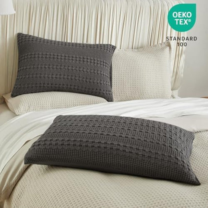 PHF 100% Cotton Waffle Pillow Shams Standard Size, 2 Pack 20" x 26" Soft Skin-Friendly Pillowcases, No Filling, Aesthetic Woven and Breathable Waffle Weave Pillow Case Covers for Bed, Charcoal Grey