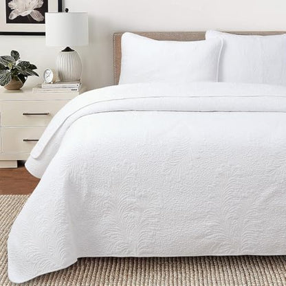 Cozy Line Home Fashions White Cotton Quilt Set Queen – 3-Piece Quilted Botanical Stitch Bedspread with Shams, Elegant All Season Bedding