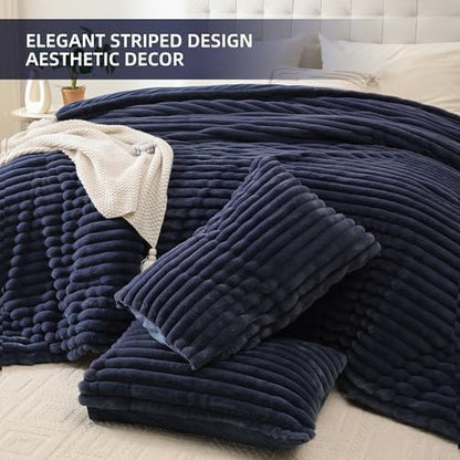 Smoofy Fluffy King Size Comforter 3 PCS - Navy Blue Fleece Bedding Set
