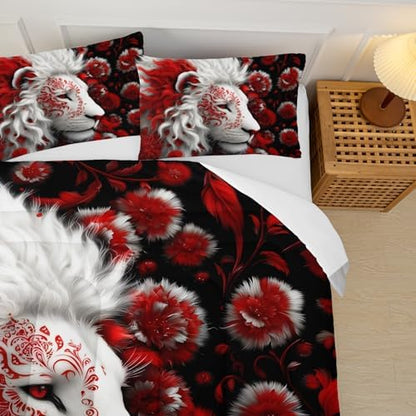 Red and Black Lion Queen Size Comforter Set for Men，Queen Size Quilt Bedding Set Floral，with 1 Comforter with 2 Pillow Case