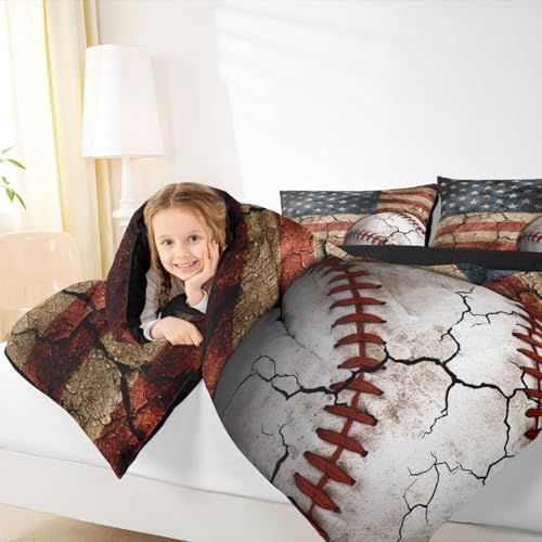 Erosebridal Baseball Comforter Set, Boys American Flag Bedding Set King Size Sports Games Down Comforter United States Federations Stars Stripes Quilt for Kids Teens Bedroom, Baseball Gift for Boys