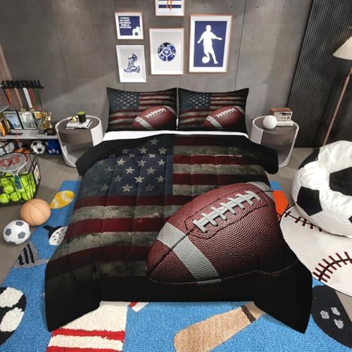 Erosebridal American Flag Bedding Set, Boys Football Comforter Set King Soccer Sports Games Down Comforter United States Federations Stars Stripes Duvet Sets for Kids Teens Adult Bedroom Decor
