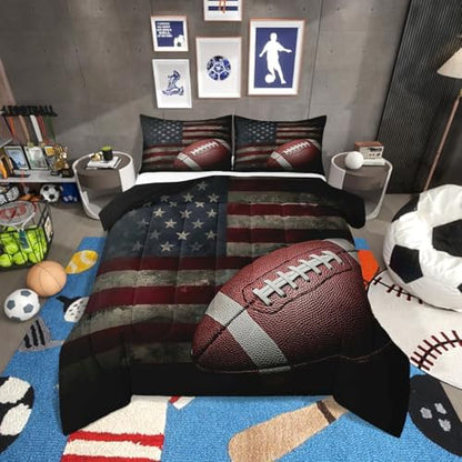 Erosebridal American Flag Bedding Set, Boys Football Comforter Set King Soccer Sports Games Down Comforter United States Federations Stars Stripes Duvet Sets for Kids Teens Adult Bedroom Decor