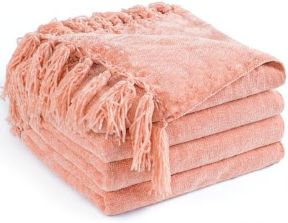 Chenille Throw Blanket for Couch 60" x 80", Peach