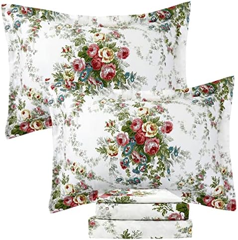 FADFAY Garden Floral Sheet Set Twin Vintage Rose 100% Cotton Hypoallergenic White and Grey Bed Sheets Ultra Soft Girls Princess Romantic Rose Kids Bedroom Deep Pocket Fitted Sheet 4-Pcs
