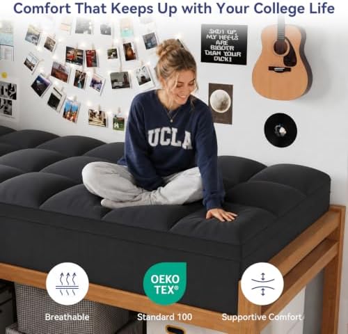 ELEMUSE Twin XL Black Mattress Topper for College Dorm, Thick Pillow Top